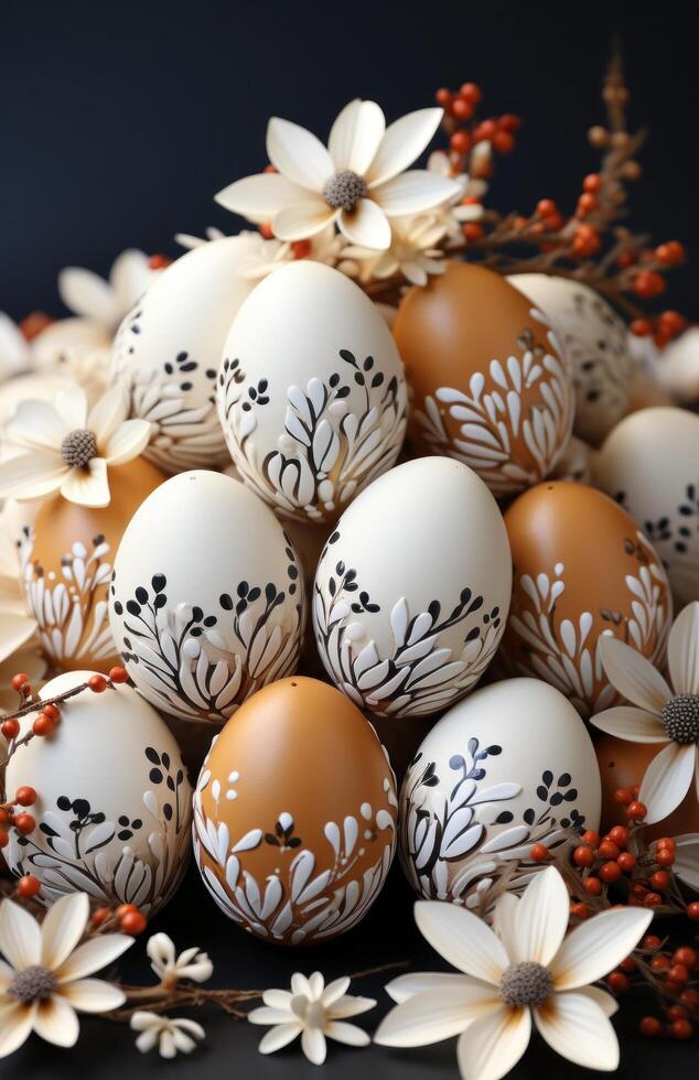 ai generado Pascua de Resurrección huevos y flores en un blanco superficie, foto