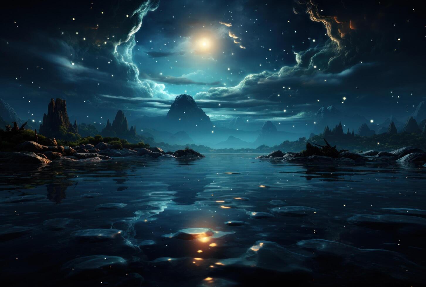 AI generated moon lit up over water, photo