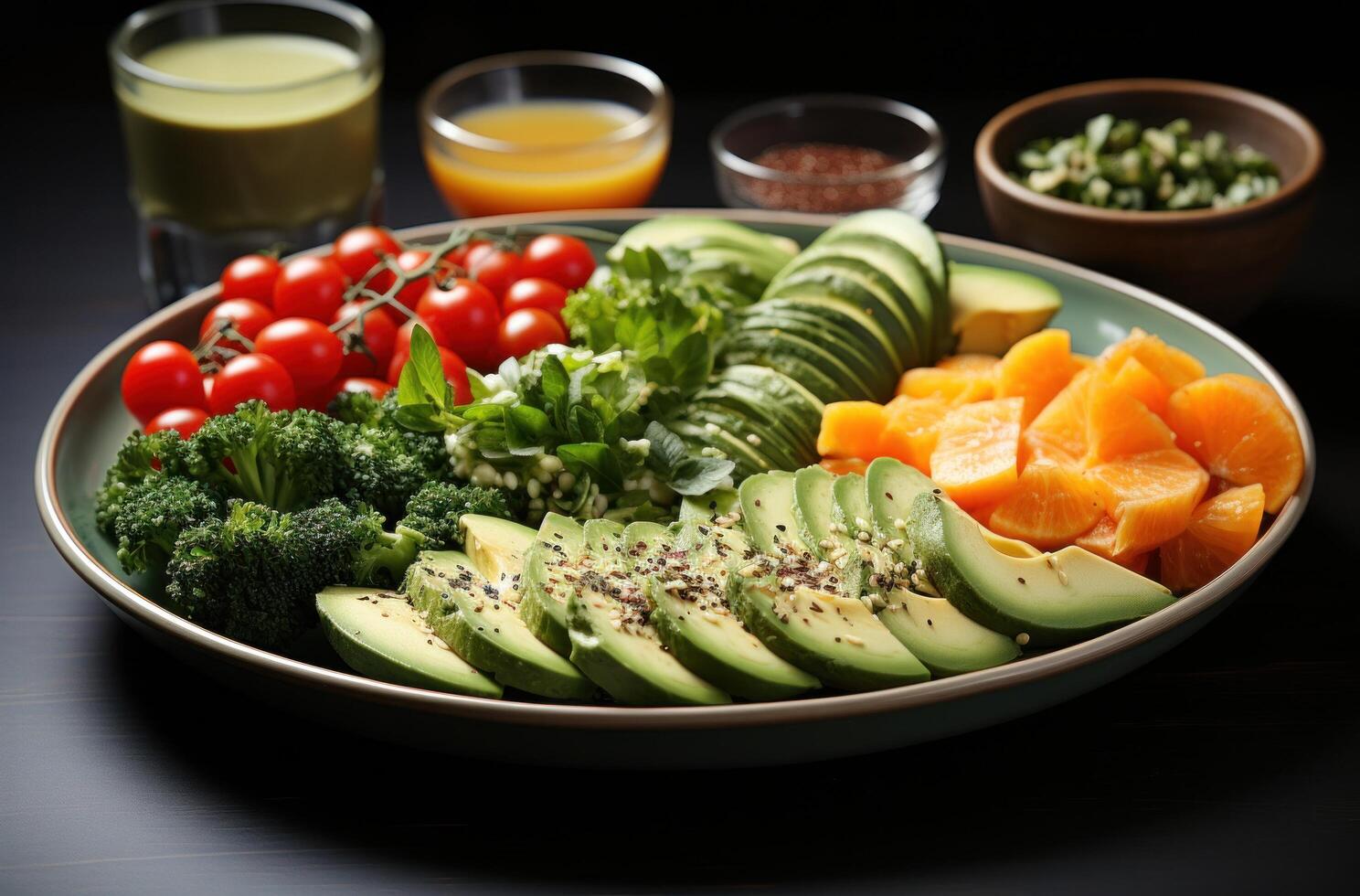 AI generated healthy foods with avocado and coconut oil on a plate, photo