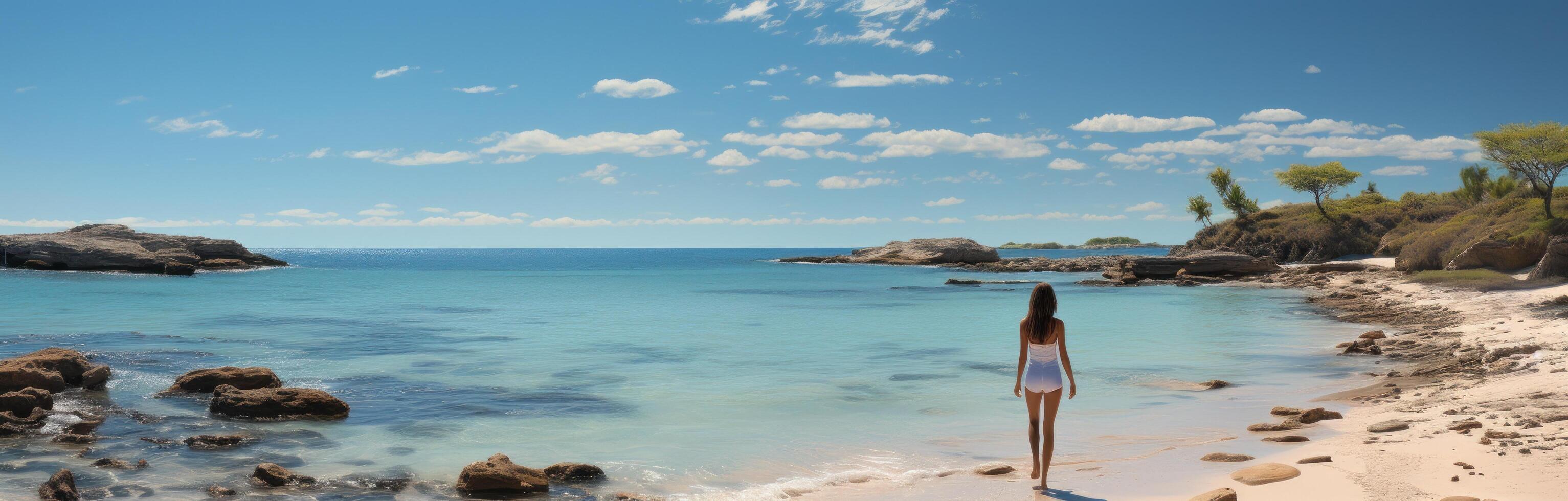 AI generated girl at beach on white sand, photo