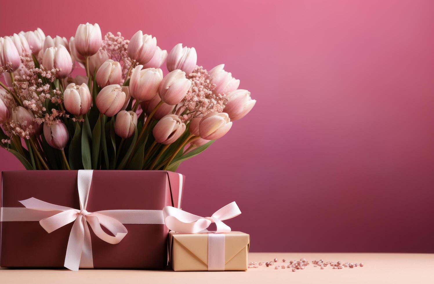 AI generated gift box with pink ribbon and baby's breath, pink tulips, and pink flowers photo