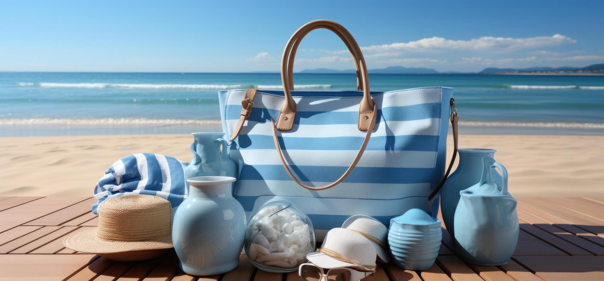 AI generated striped bag full of items and beach towels, photo