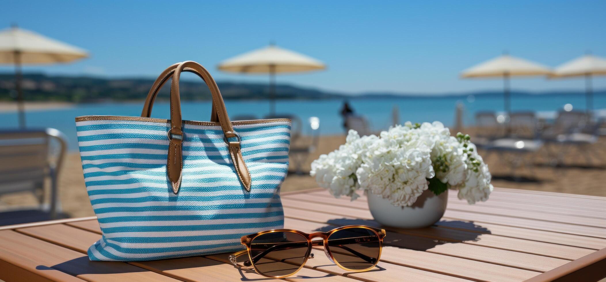 AI generated striped bag full of items and beach towels, photo