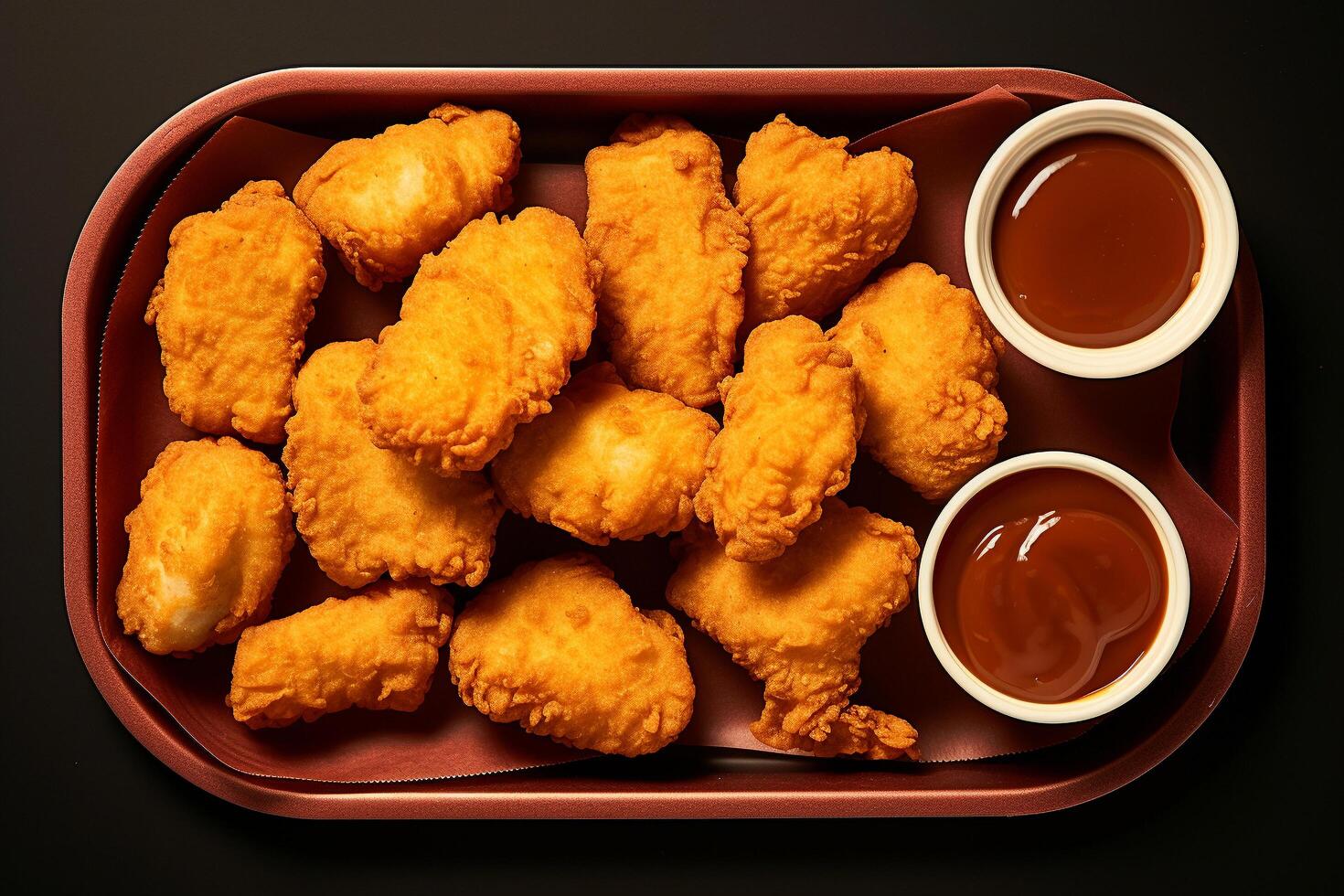 AI generated Alluring Tray Hyper-Realism in Perfectly Cooked Chicken Nuggets photo