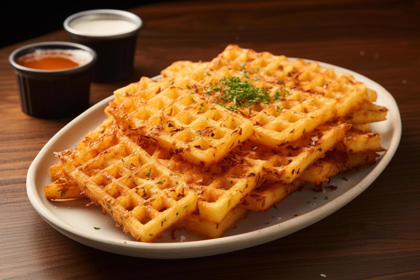 AI generated Texture Showcase Expertly Arranged Square Plate of Waffle Fries photo