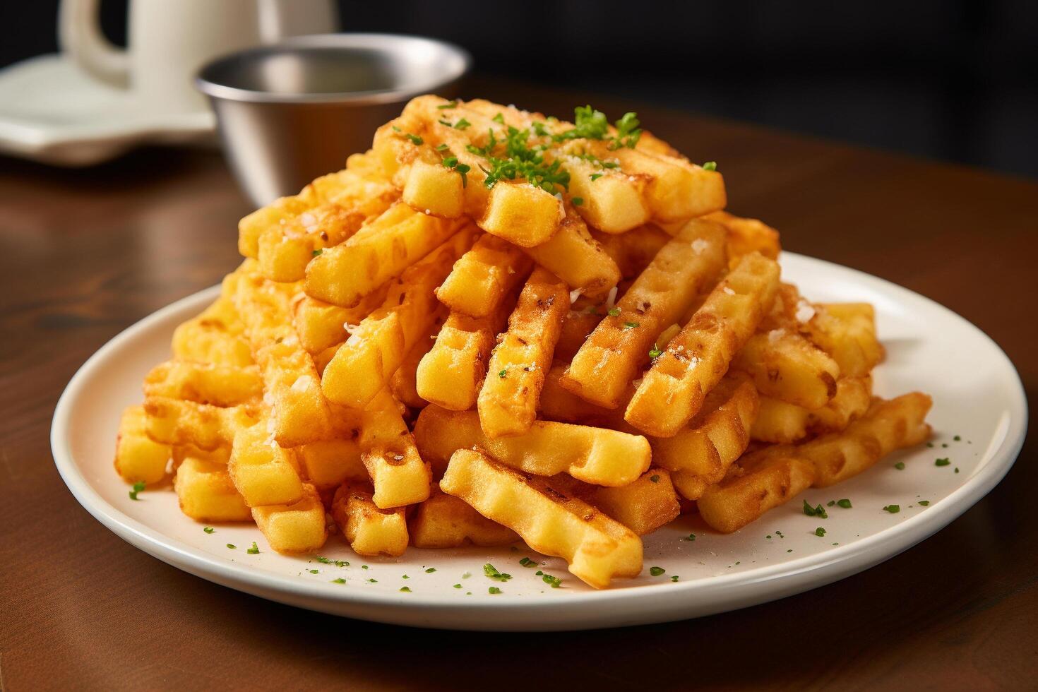 AI generated Golden Precision Square Plate of Expertly Seasoned Waffle Fries photo