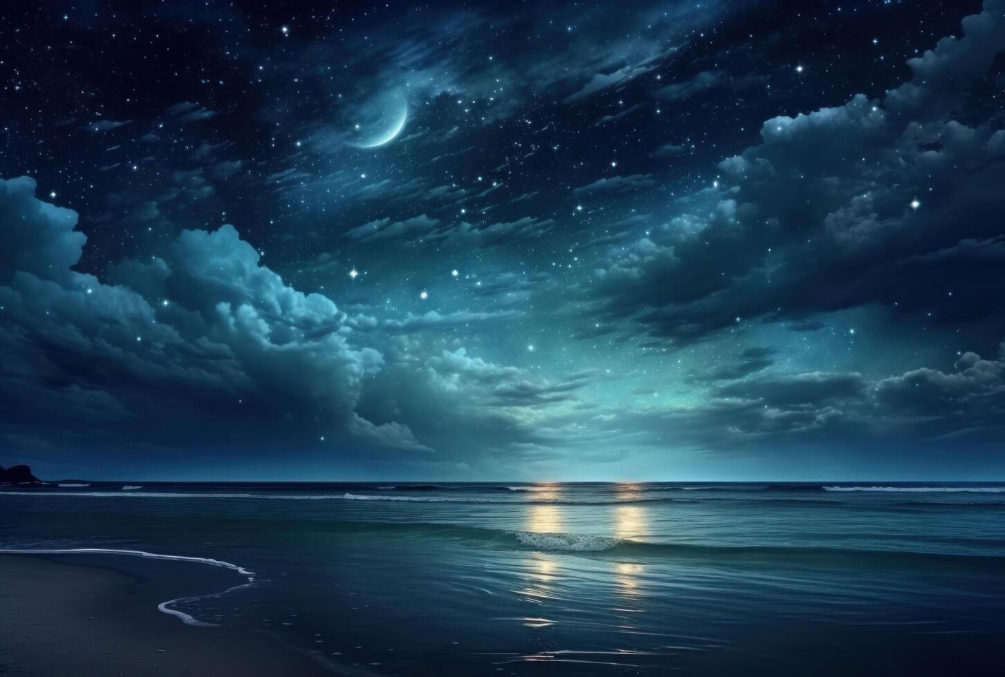 ai generado el Luna es creciente terminado el mar en el medio de el noche, foto