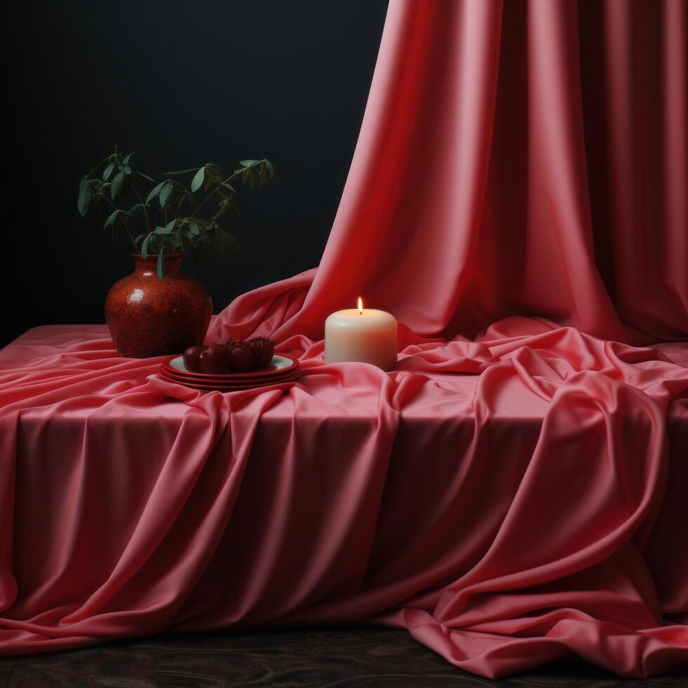 AI generated table with a blanket on a table with red background, photo