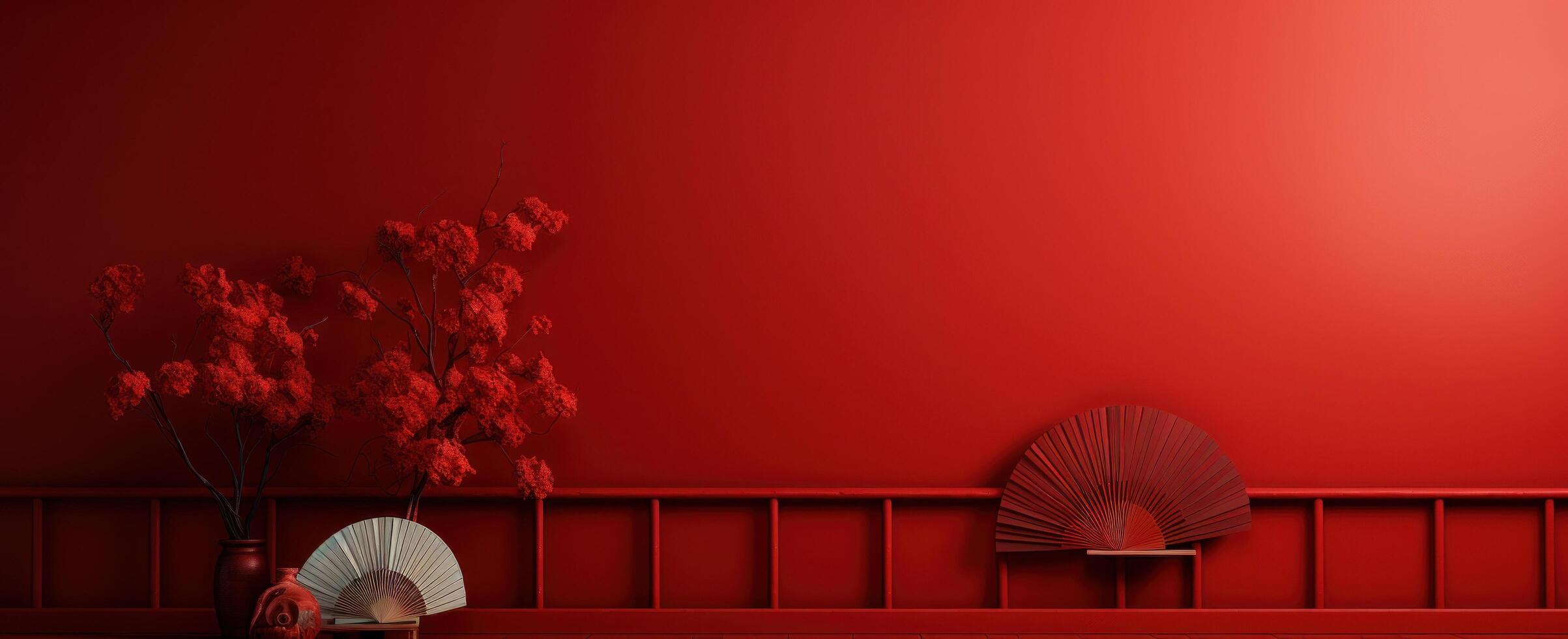 AI generated two red folded fan book covers and red wall, photo