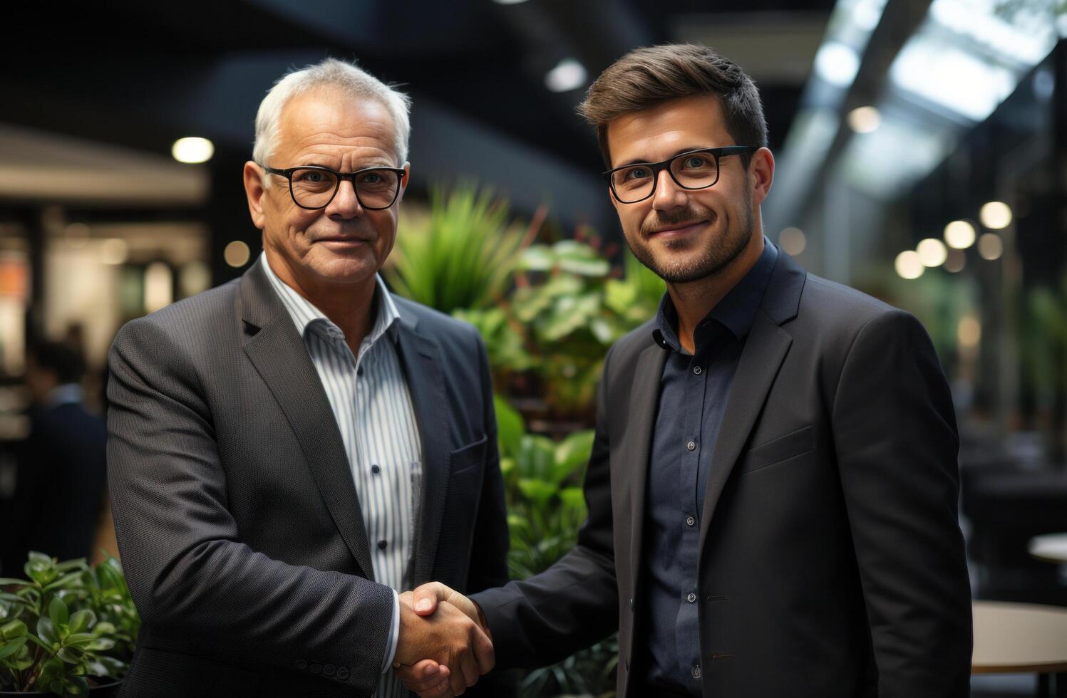 AI generated two smiling men shaking hands after meeting in an office photo