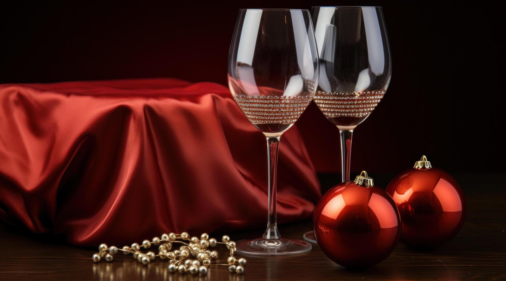 AI generated two wine glasses and gift on a red background, photo