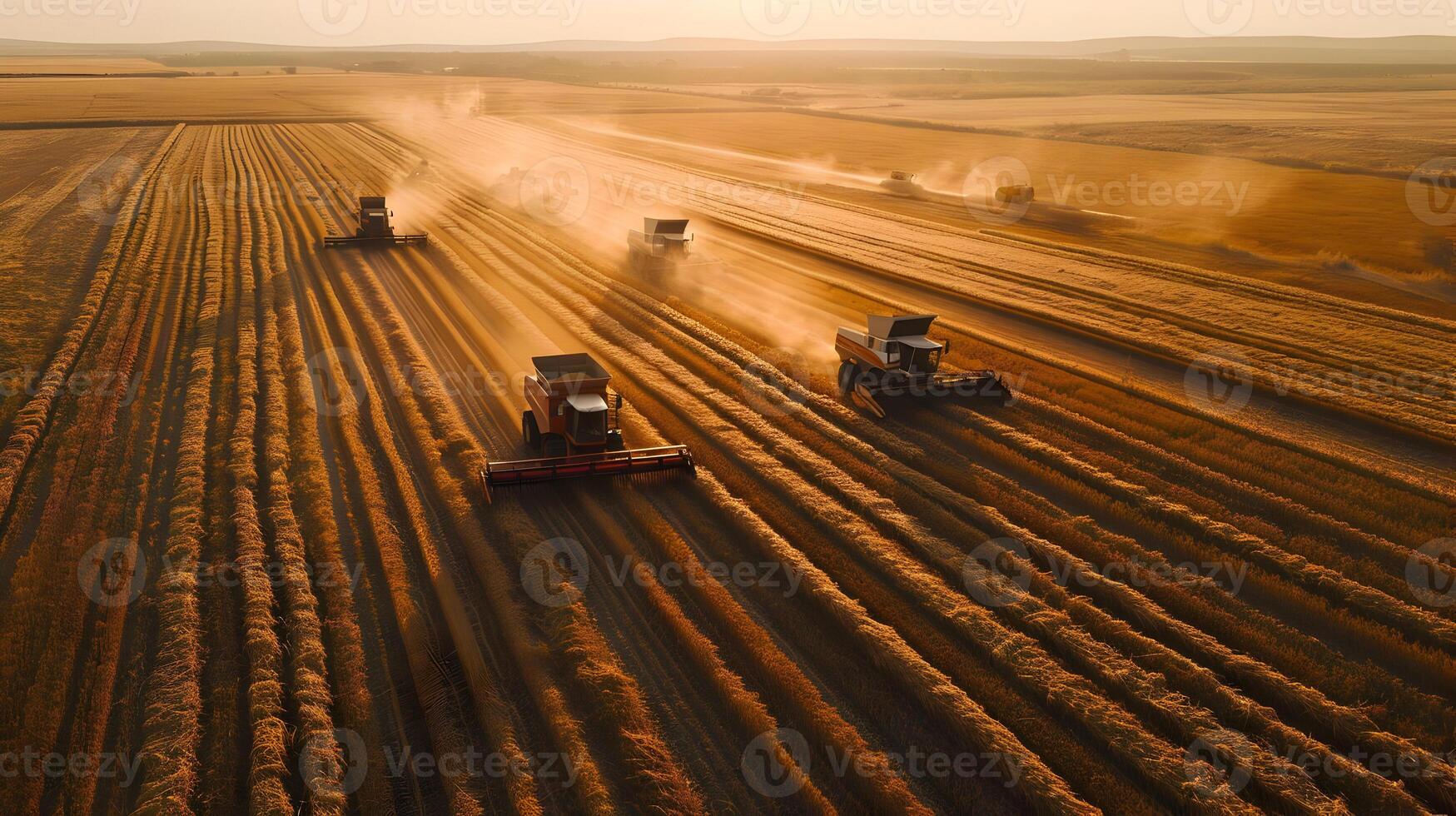 AI generated Harvesting mature rice with a large number of modern combine harvesters. High-resolution. AI Generative photo