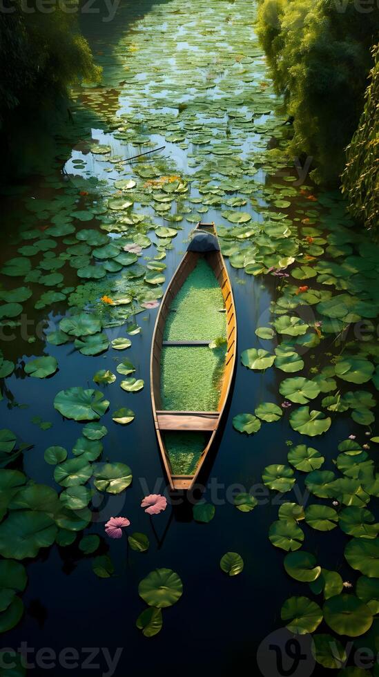 ai generado un barco rodeado por loto y lirio almohadillas alta resolución. ai generativo foto