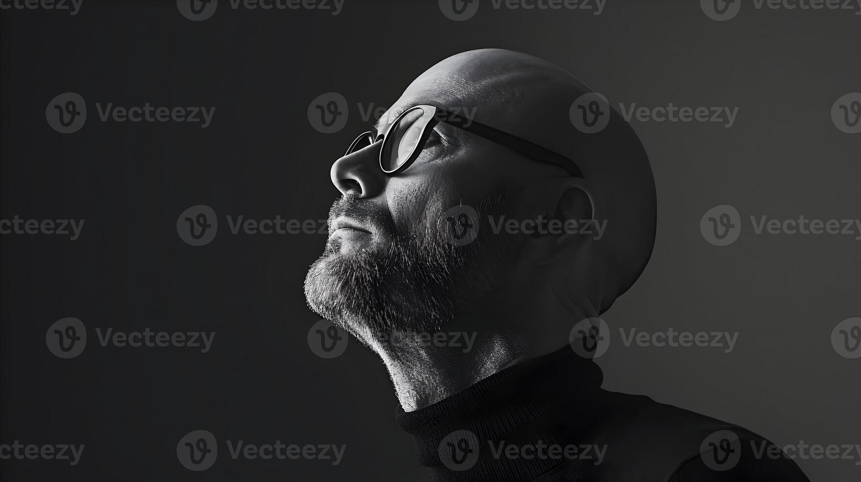 AI generated A bald man in specs minimalism. Stylish businessman black and white photo on a dark background. High-resolution. AI Generative