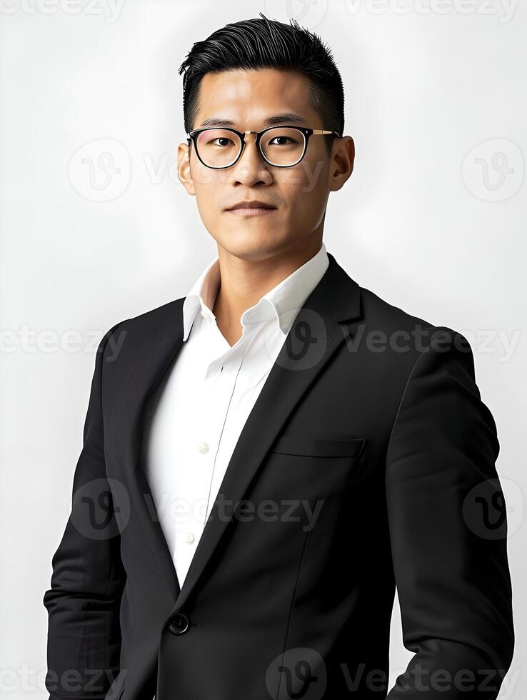 AI generated Corporate image photo of Asian man in glasses in black suit isolated. High quality. AI Generative