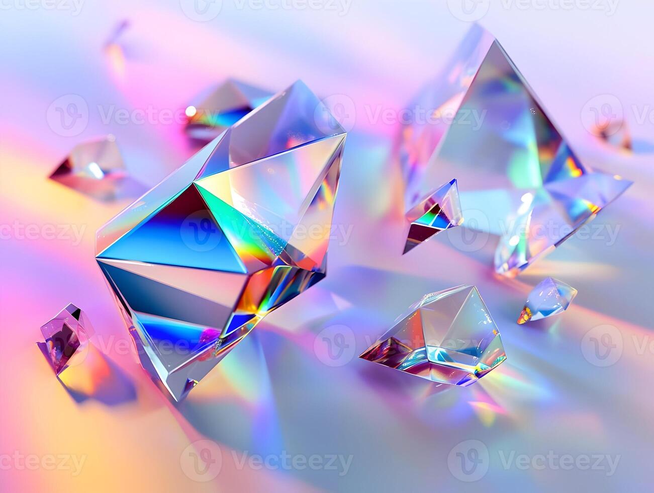 AI generated Transparent bright crystals with white and blue light and rainbow reflection. High quality. AI Generative photo