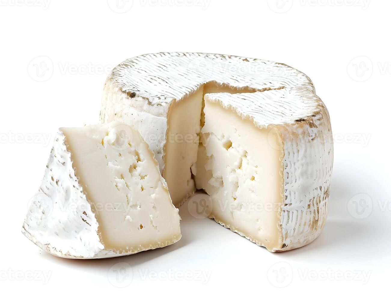 AI generated A goat cheese with one piece isolated on a white background. High-resolution. AI Generative photo