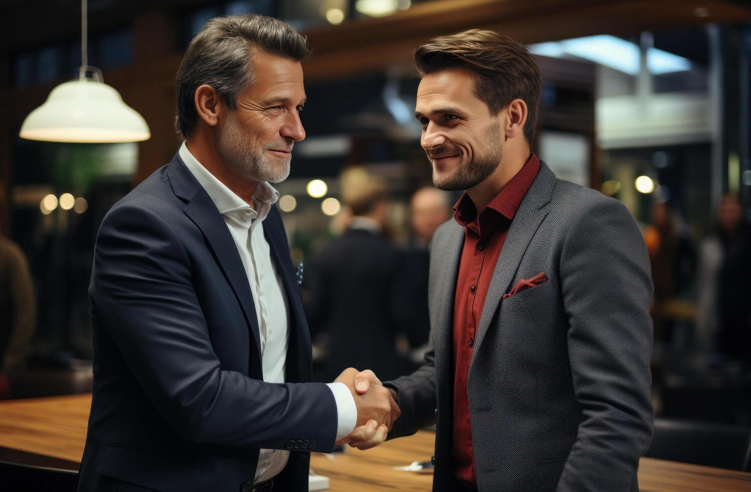 AI generated two smiling men shaking hands after meeting in an office photo