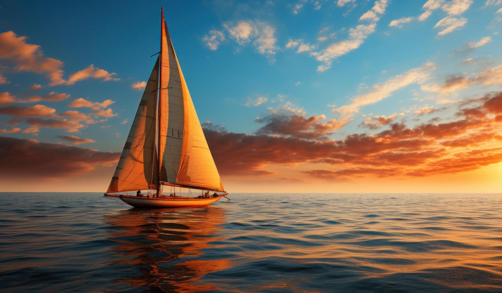 AI generated sun rays and sailboat sunlit in the sea, photo