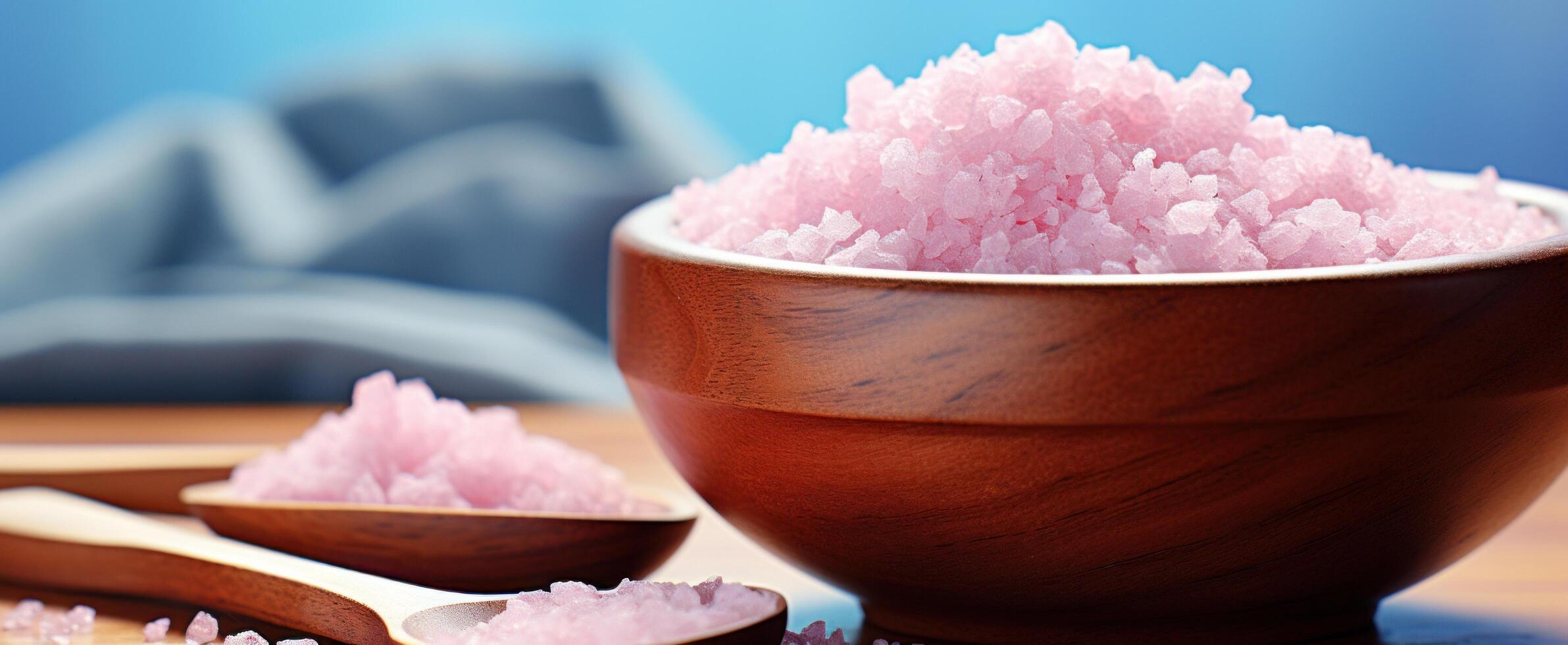 AI generated white bowl, lavender salt, and a wooden spoon on a background, photo