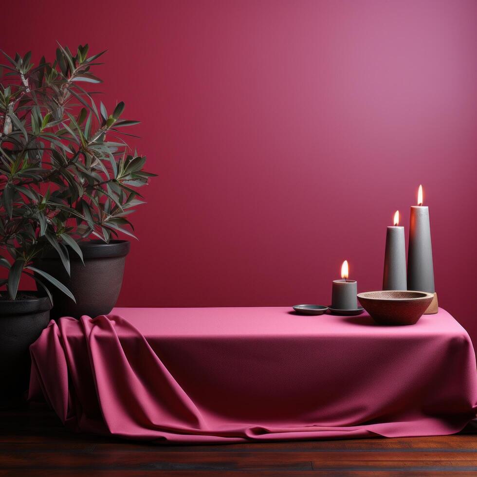 AI generated table with a blanket on a table with red background, photo