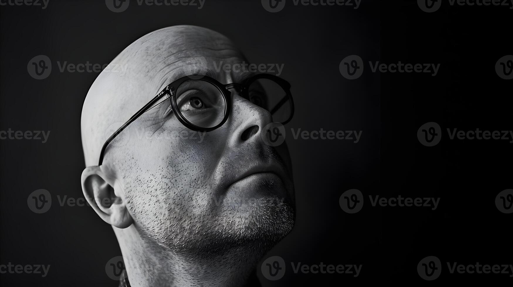 AI generated A bald man in specs minimalism. Stylish businessman black and white photo on a dark background. High-resolution. AI Generative