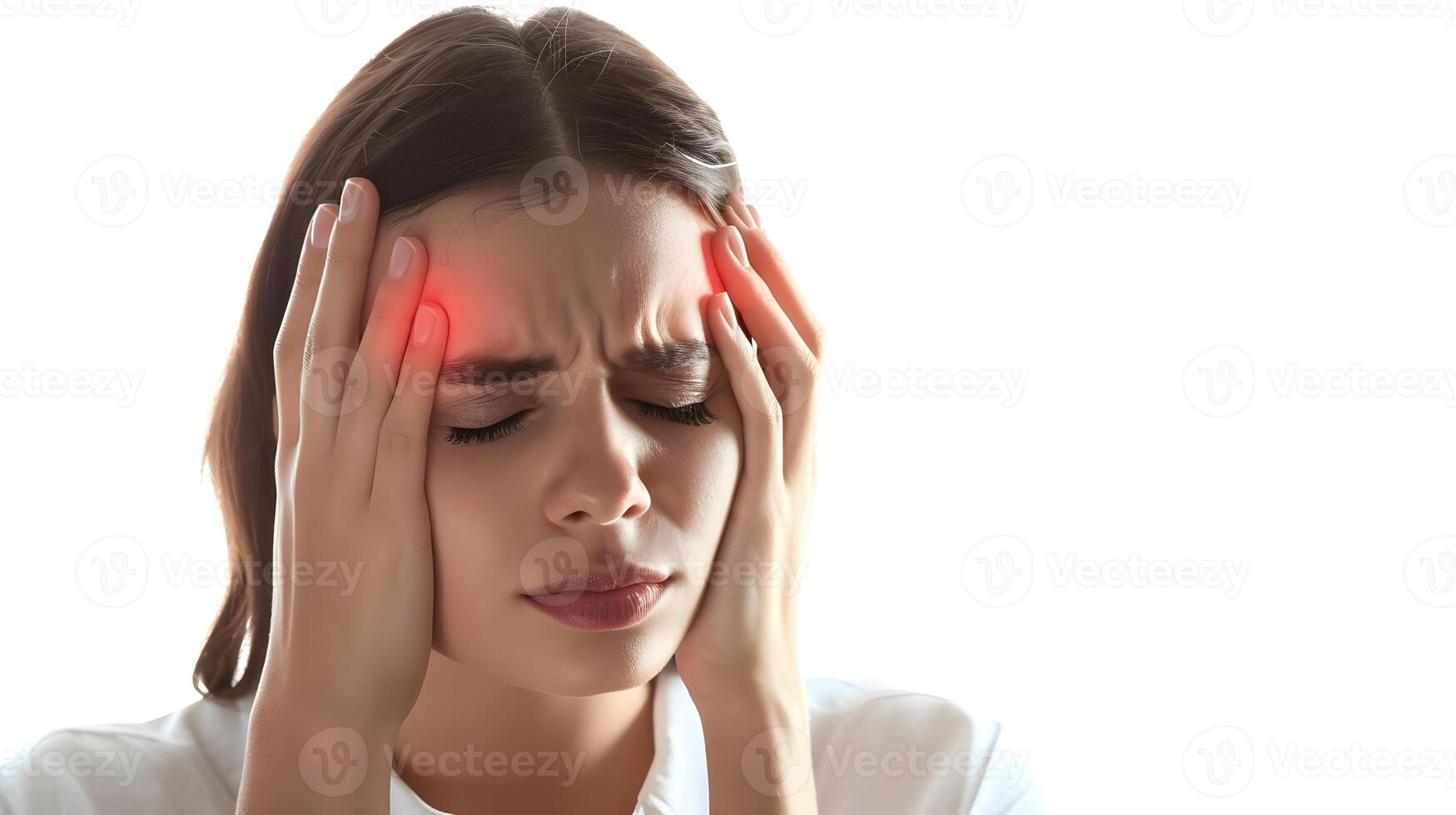 ai generado un mujer con migraña dolores de cabeza participación su cabeza con rojo dolor indicadores aislado en un blanco antecedentes. alto calidad. ai generativo foto