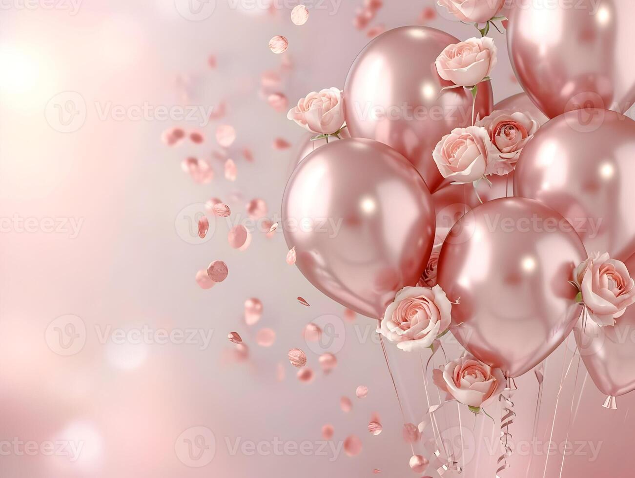 AI generated Rose gold foil balloons with flying roses light pink background. High-resolution. AI Generative photo