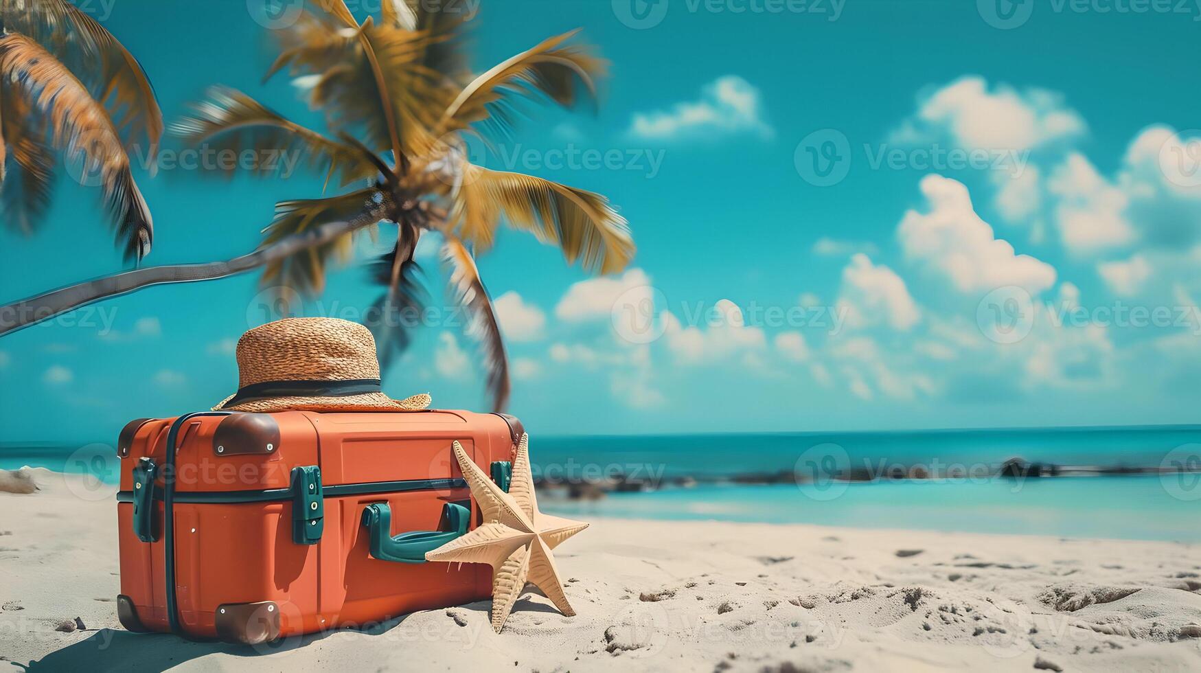 AI generated Suitcase and hat on the beach under the palm leaves. Vacation sunny photo with clouds in the sky. High-resolution. AI Generative