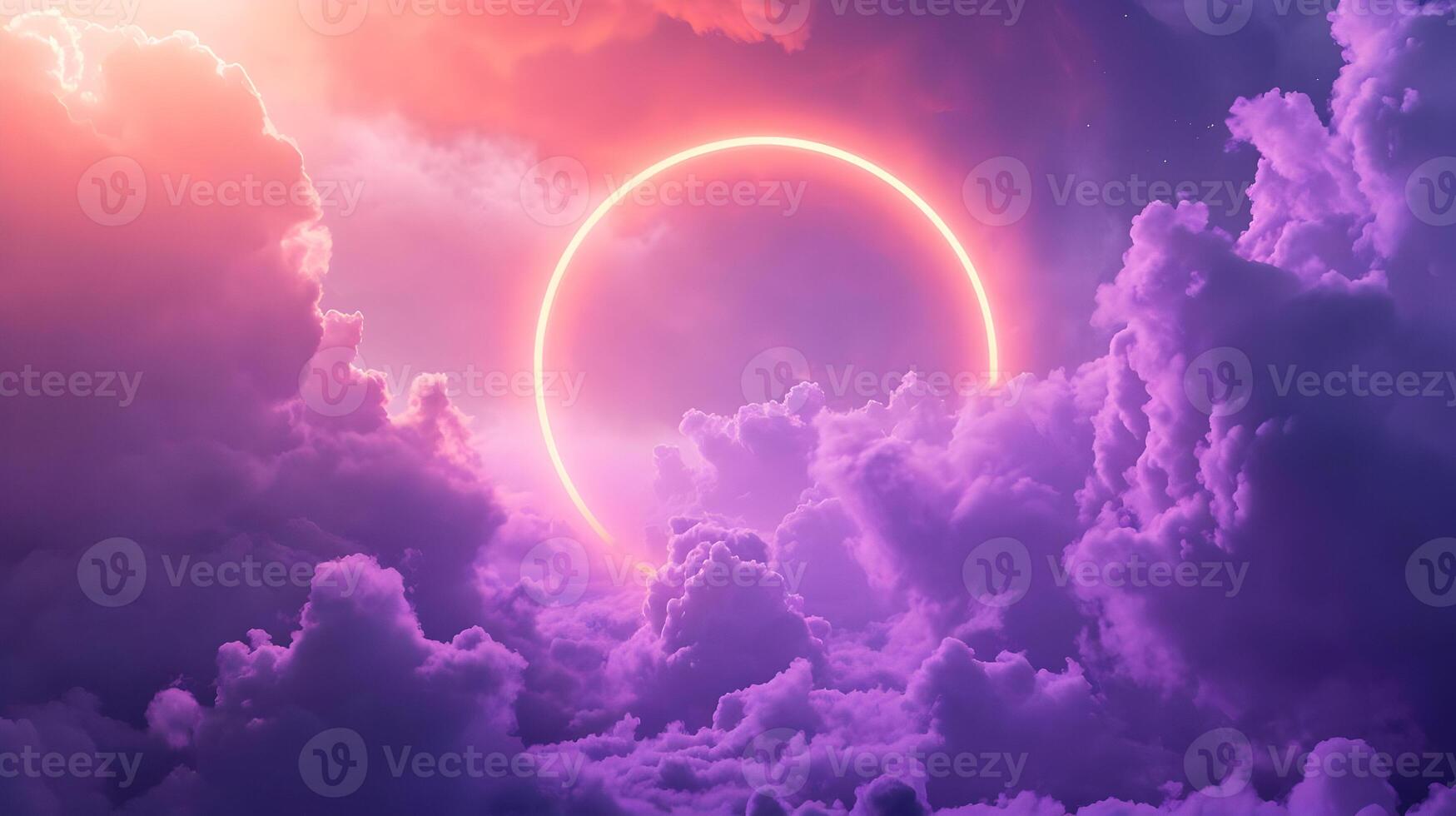 AI generated Horizontal background of simple puffy deep purple clouds with a neon circle in the center. High-resolution. AI Generative photo