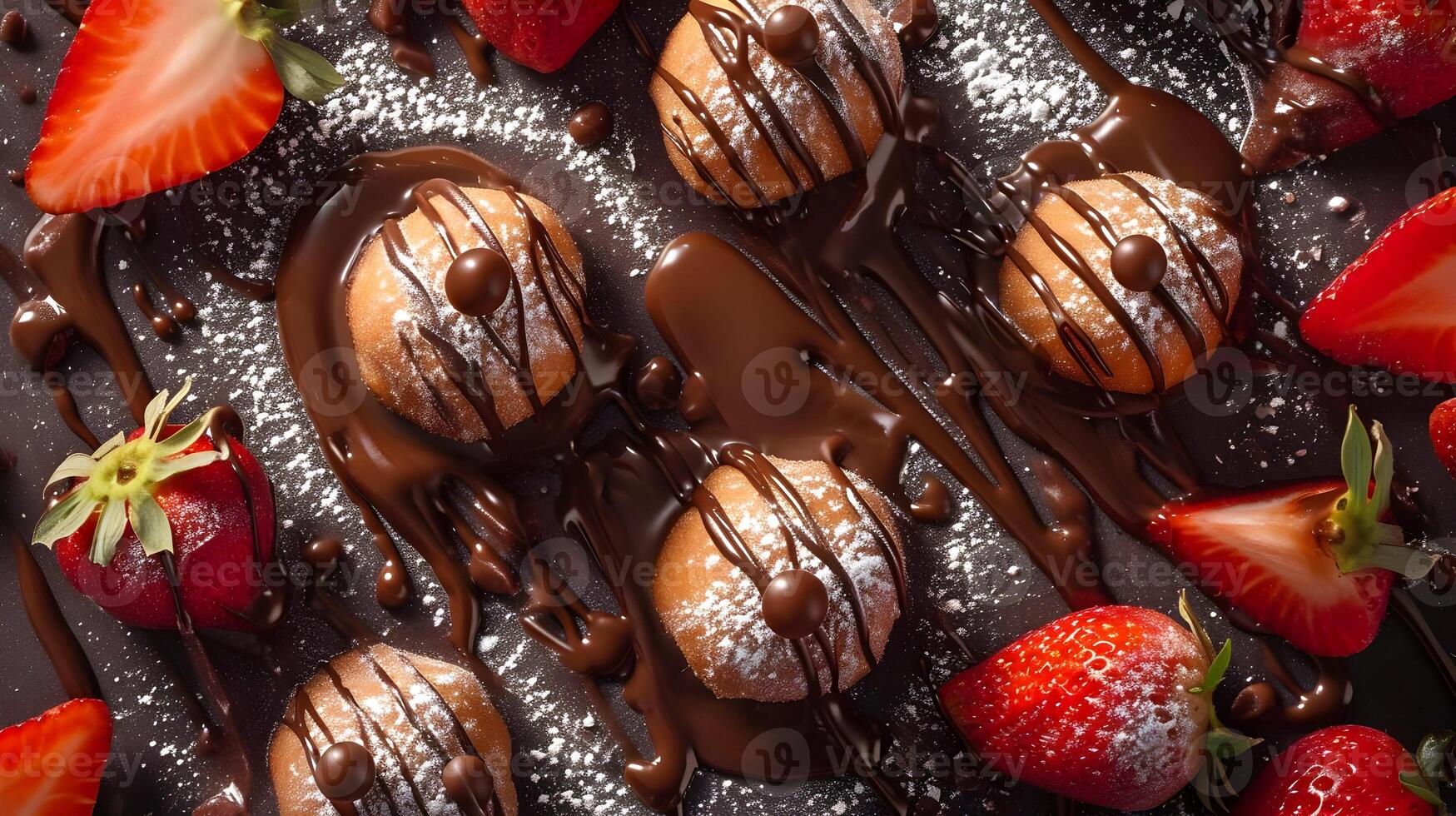 AI generated Top view food photo of delicious dough balls with chocolate and strawberries. High-resolution . AI Generative