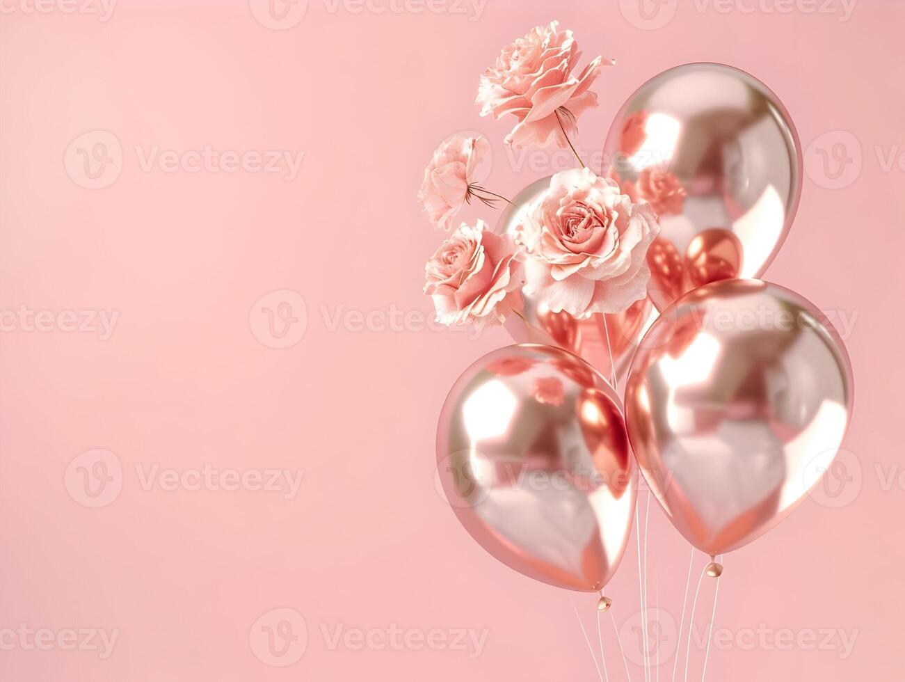 AI generated Rose gold foil balloons with flying roses pink background. High-resolution. AI Generative photo