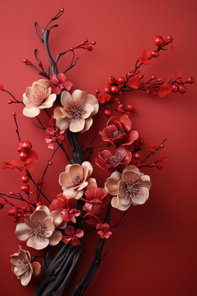 AI generated traditional flowers and red colored wall photo