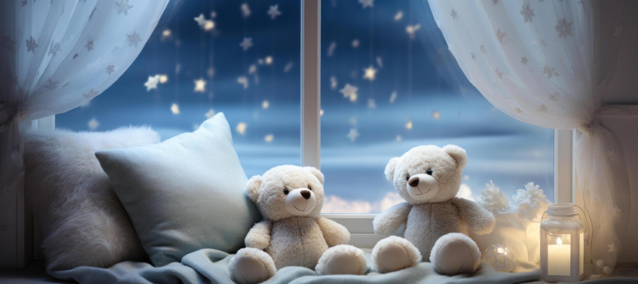 AI generated with white teddy bears by the window in a quiet room photo
