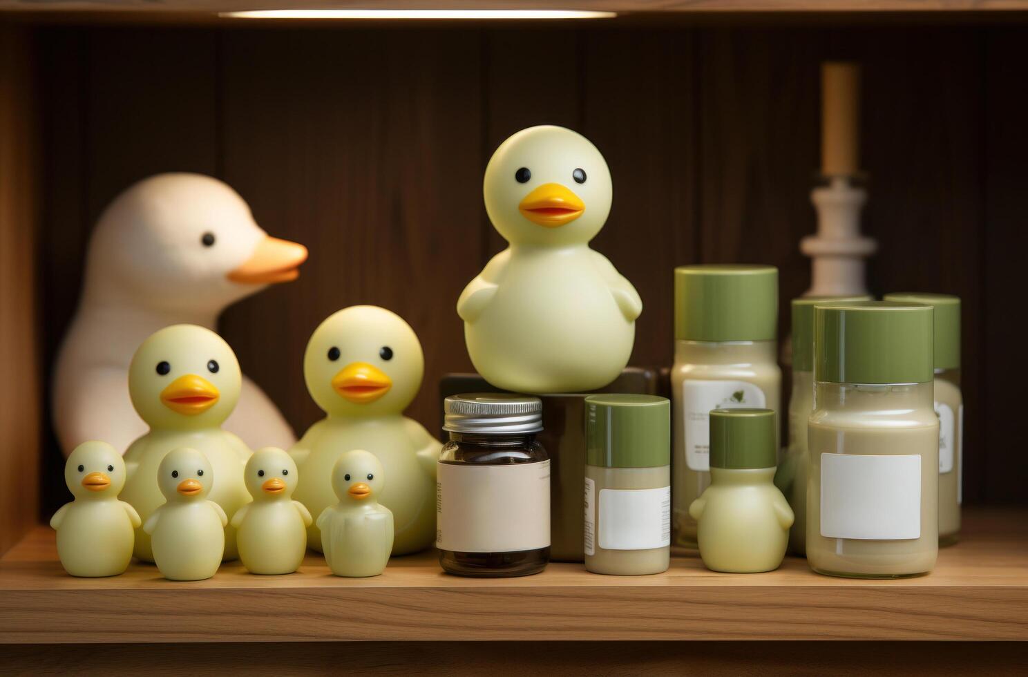 AI generated white bottles and rubber ducks are displayed on the counter, photo