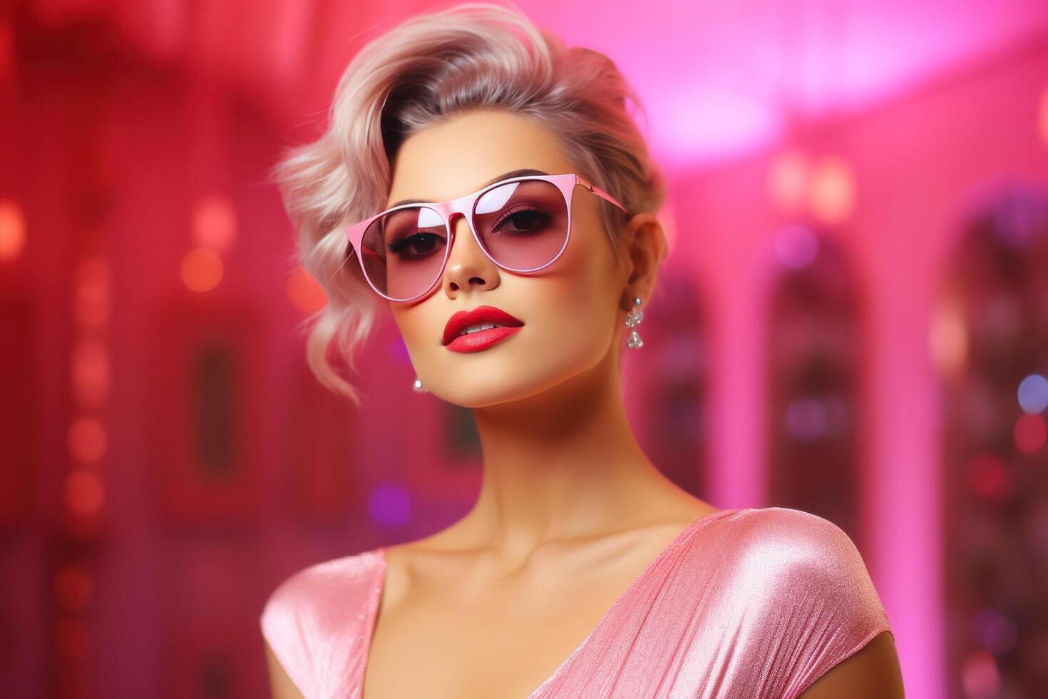 AI generated young pretty woman on pink background with sunglasses beauty photo