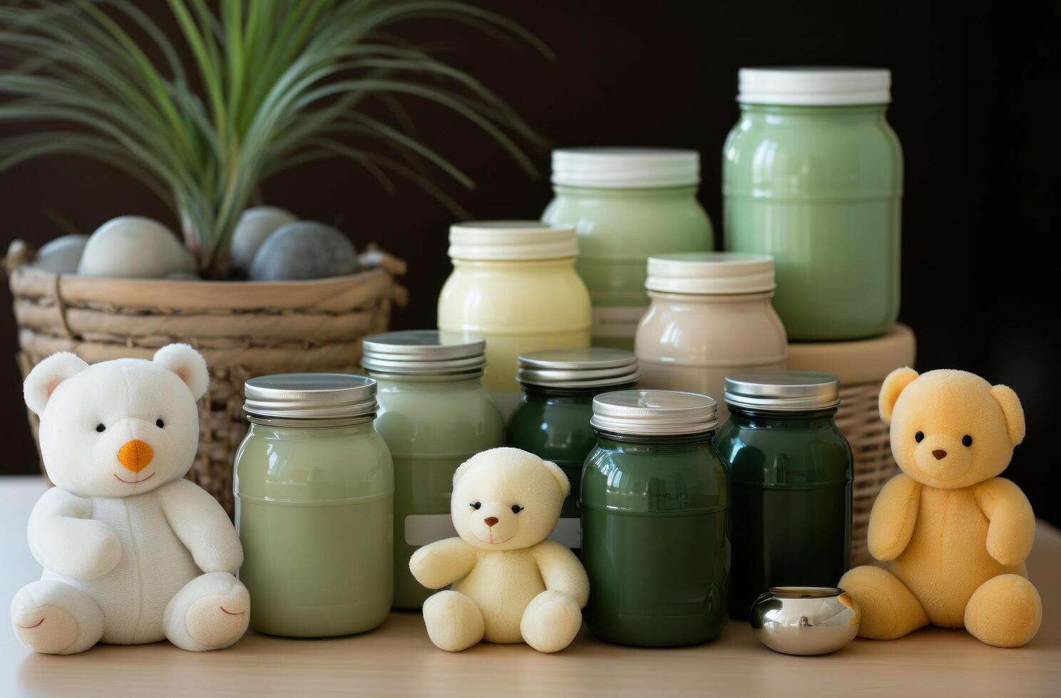 AI generated white bottles and rubber ducks are displayed on the counter, photo