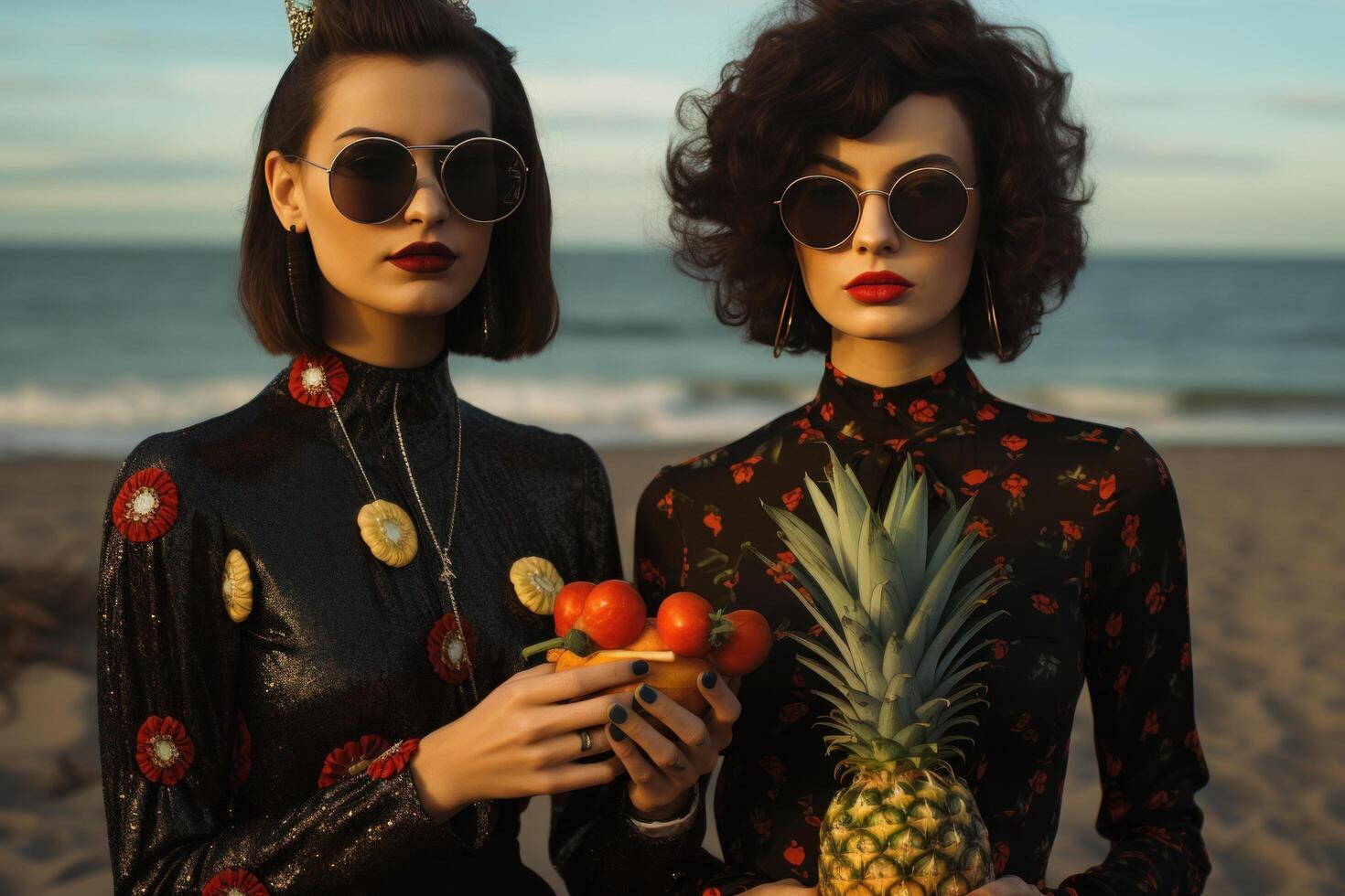 AI generated two women posing on the beach with pineapples photo