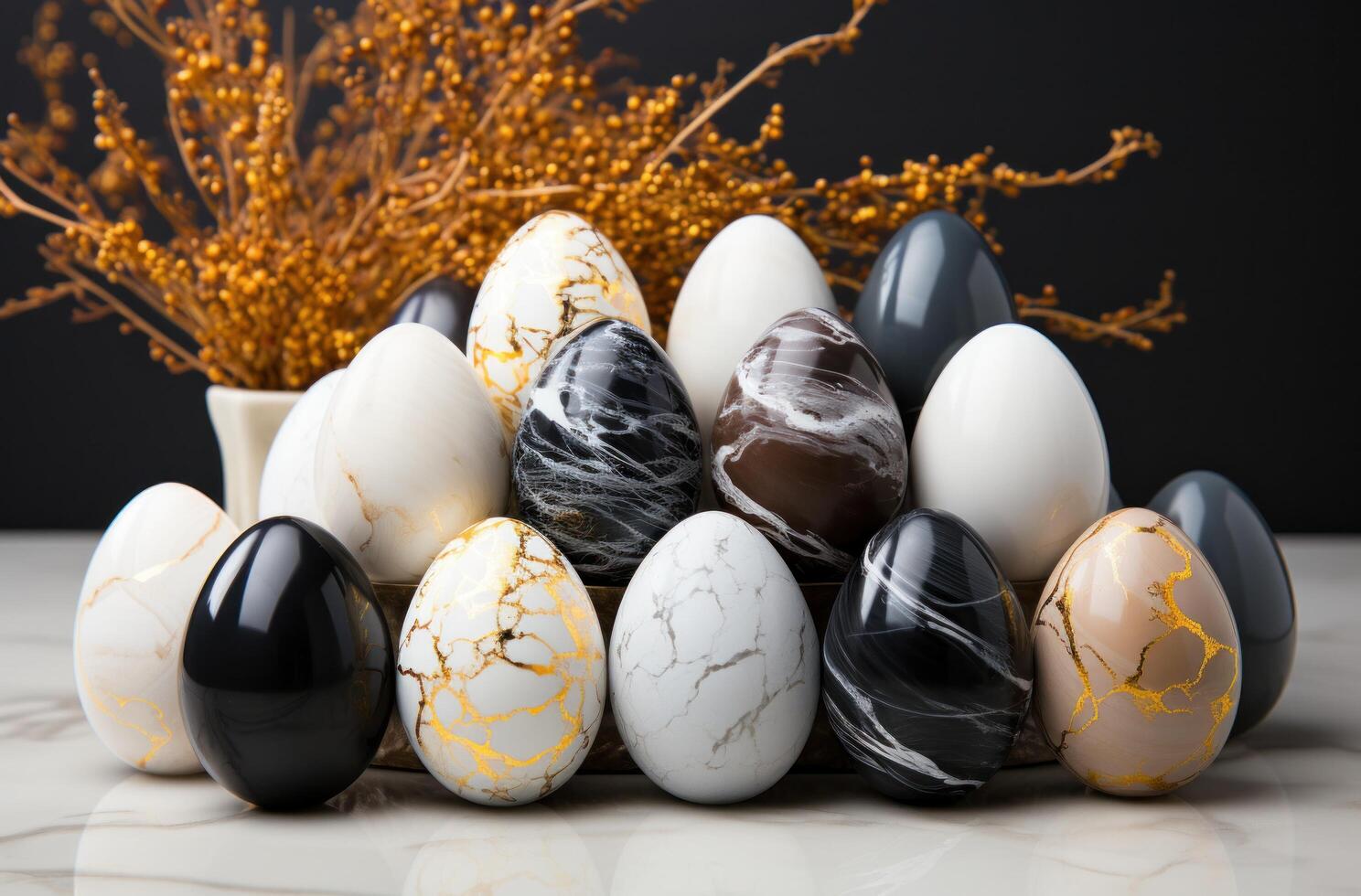 AI generated whites, blacks, golds and candles for easter egg decorating, photo