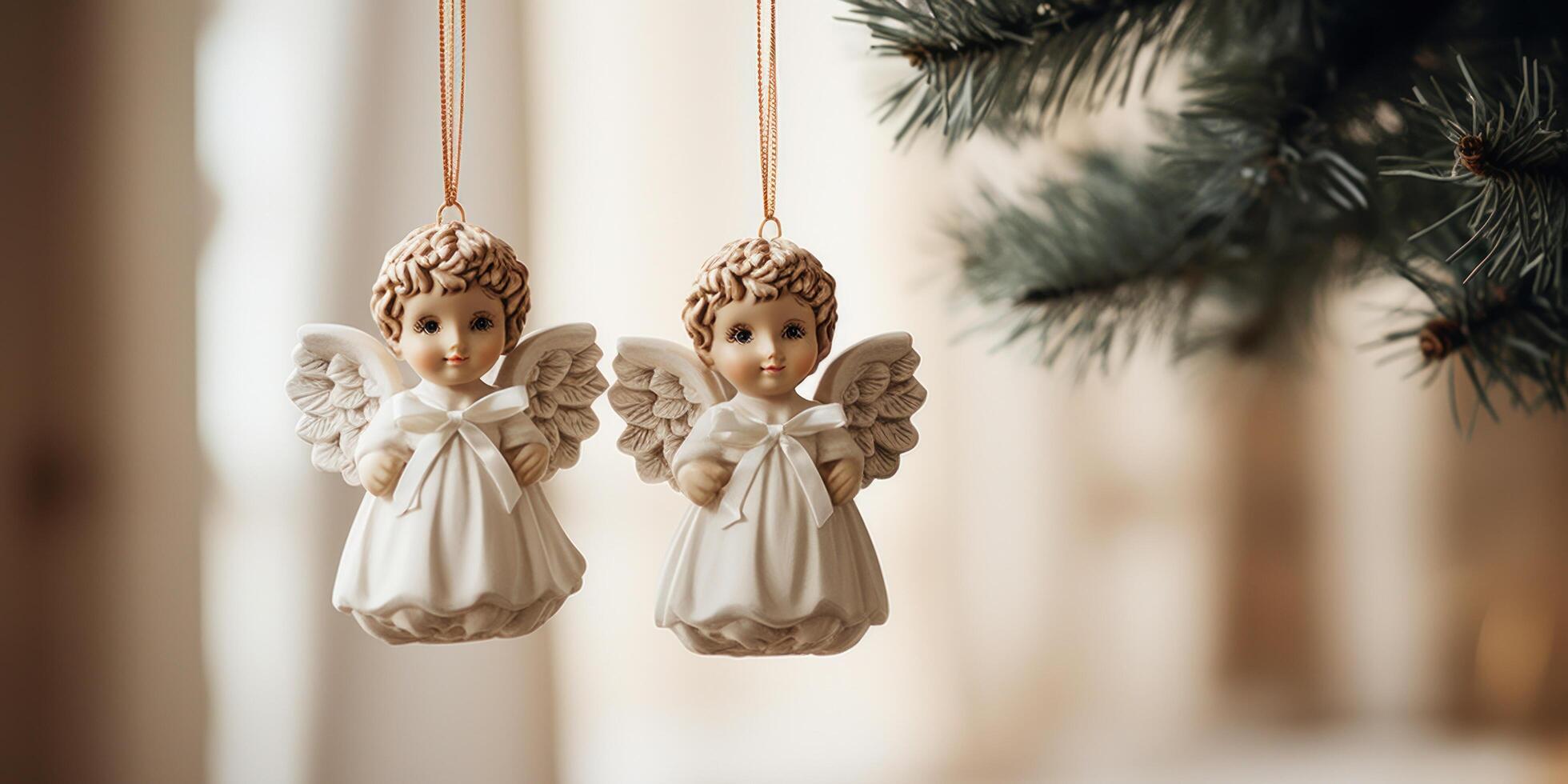 ai generado dos Navidad ángeles colgando desde un Navidad árbol foto