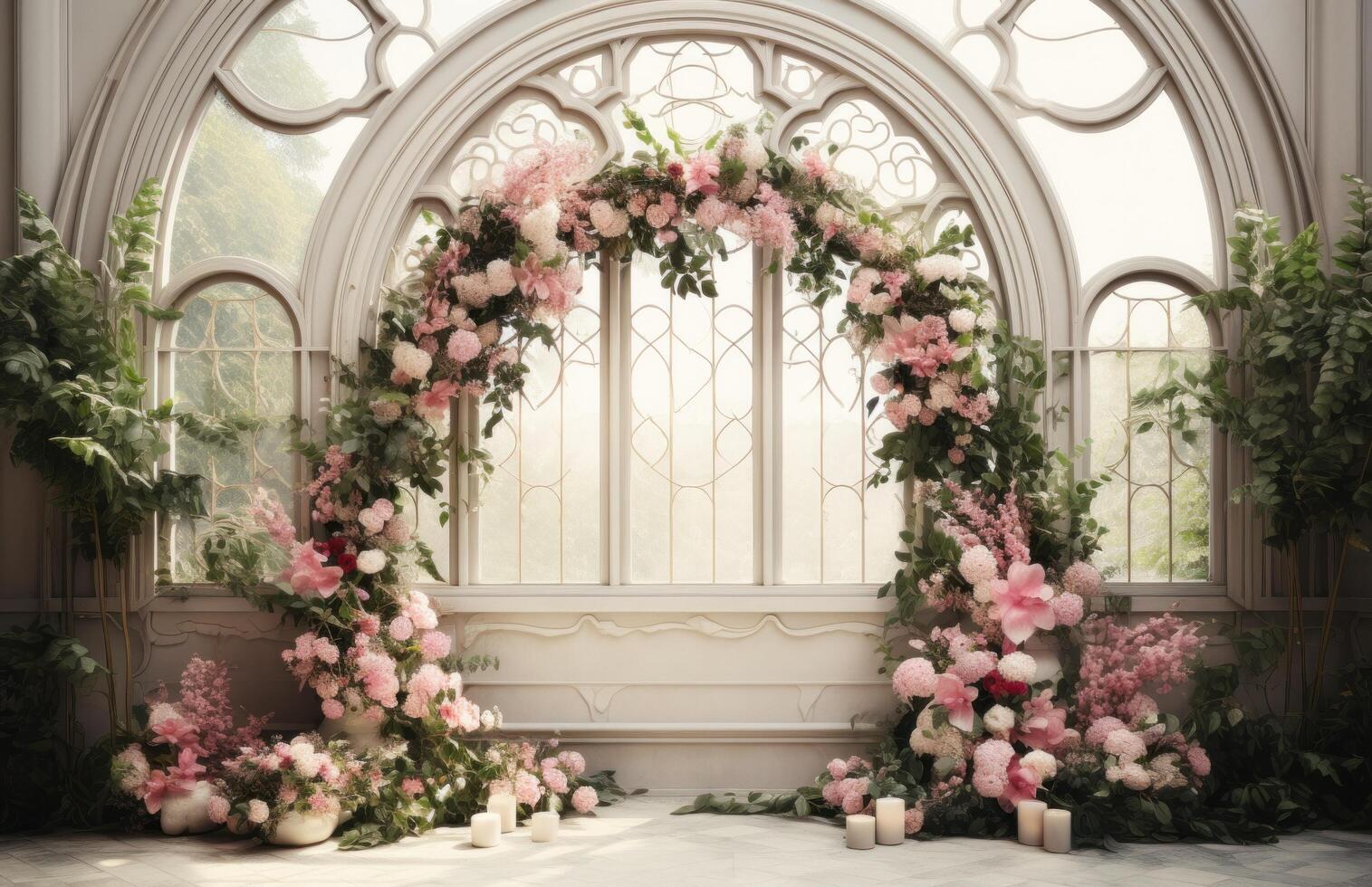 AI generated white and pink garden arch wedding photo