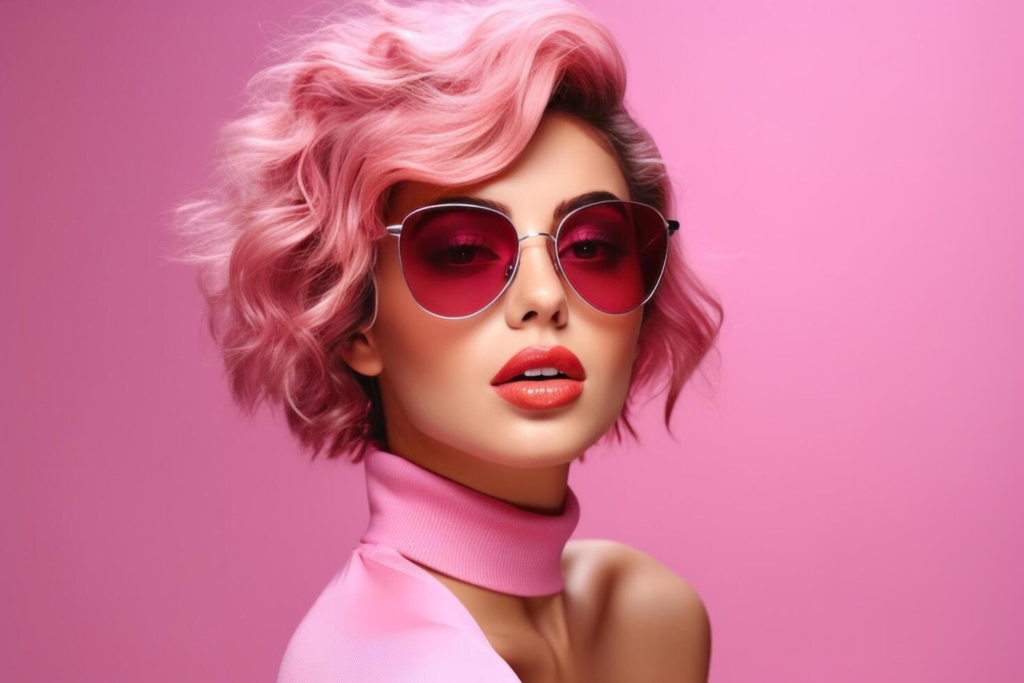 AI generated young pretty woman on pink background with sunglasses beauty photo