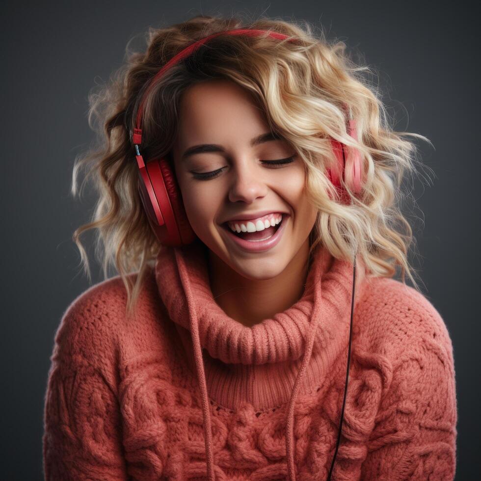 AI generated woman in christmas sweater listening to music with headphones, photo