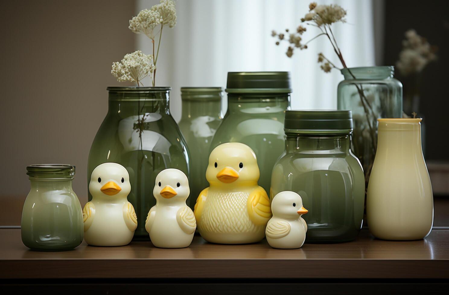 AI generated white bottles and rubber ducks are displayed on the counter, photo