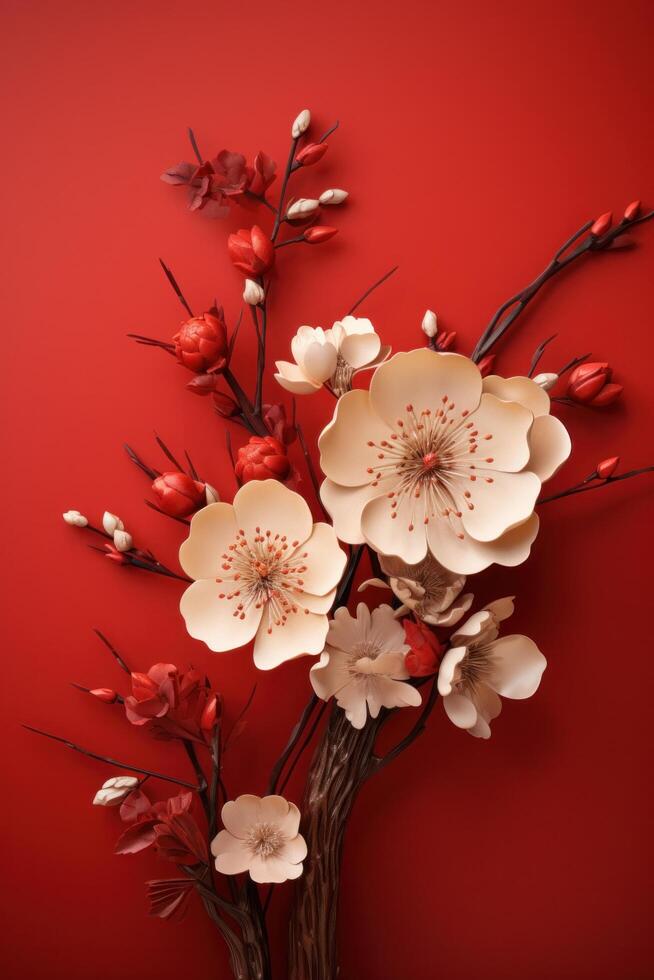 ai generado tradicional flores y rojo de colores pared foto