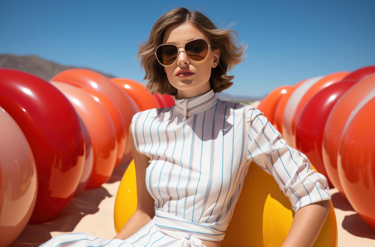 AI generated young women in sunglasses floating in a yellow inflatable beach tube, photo