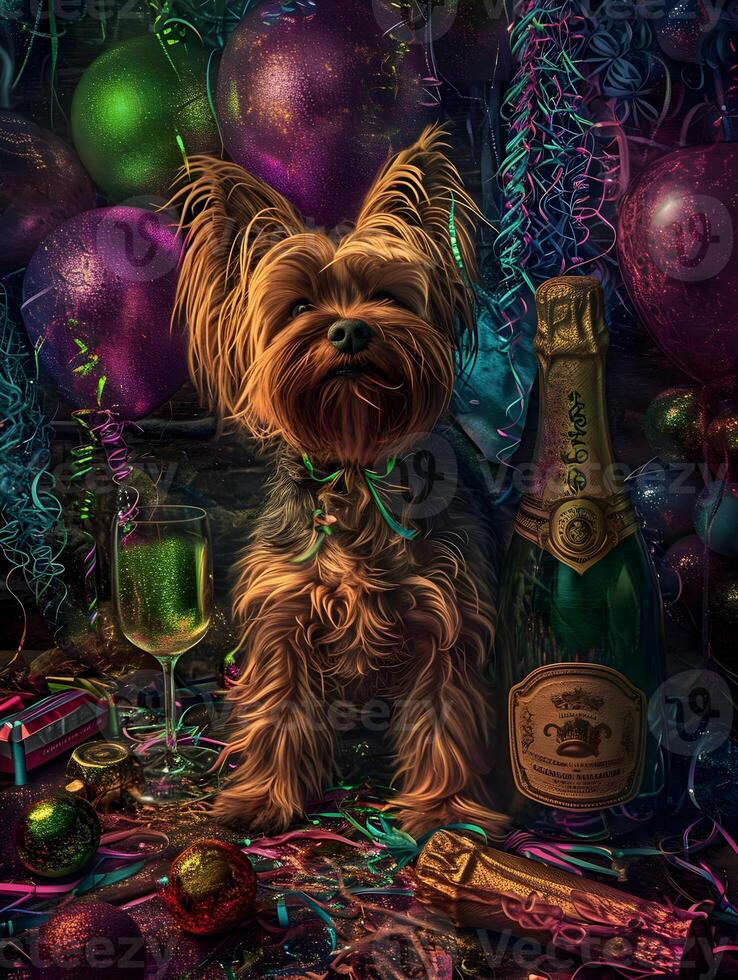 AI generated Yorkshire Terrier with champagne bottle and champagne glasses on confetti celebration background. High quality. AI Generative photo