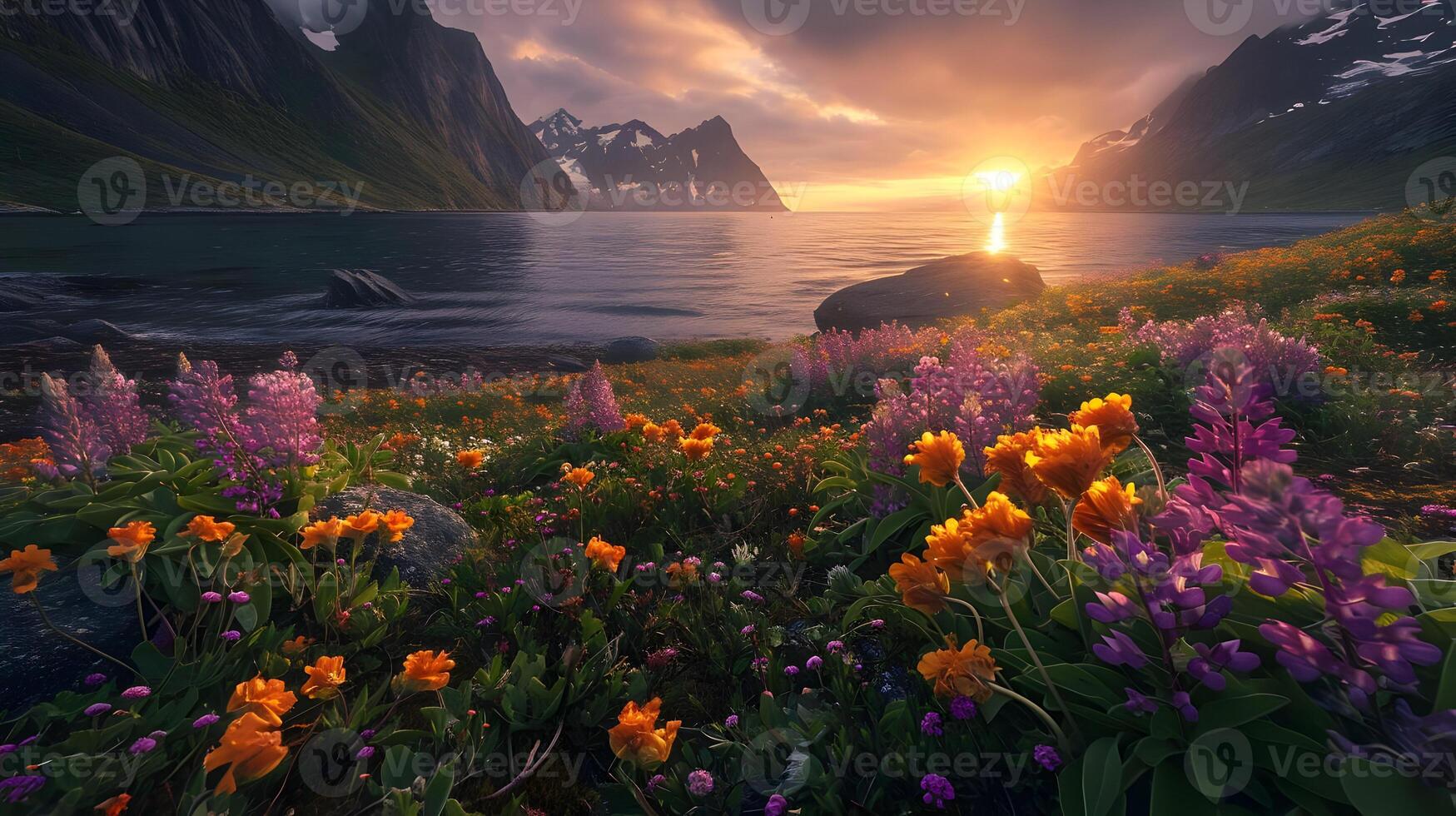 AI generated Wallpaper moody sunset ocean sun and mountains. Purple and yellow flowers in the close view. High-resolution. AI Generative photo