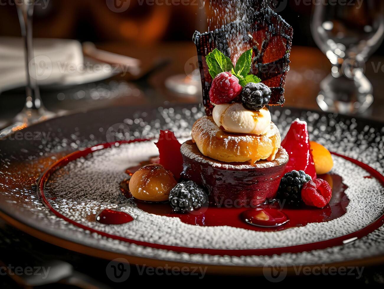 AI generated Close-up photo of delicious chocolate dessert with fruits in the restaurant background. High quality. AI Generative