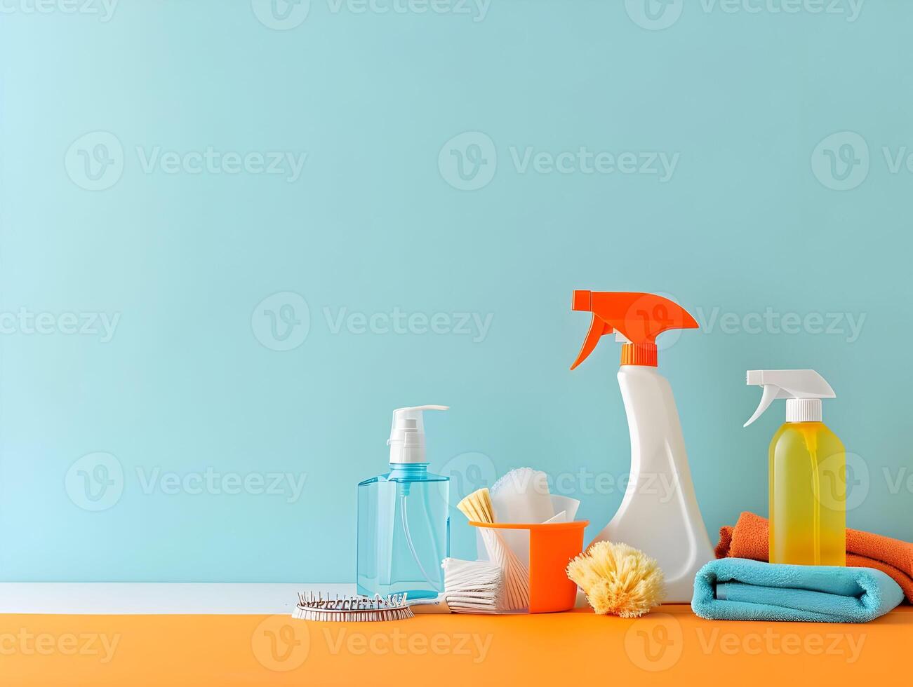 AI generated Housekeeping supplies minimal concept orange and blue colors. Cleaner and different brushes. High-resolution. AI Generative photo